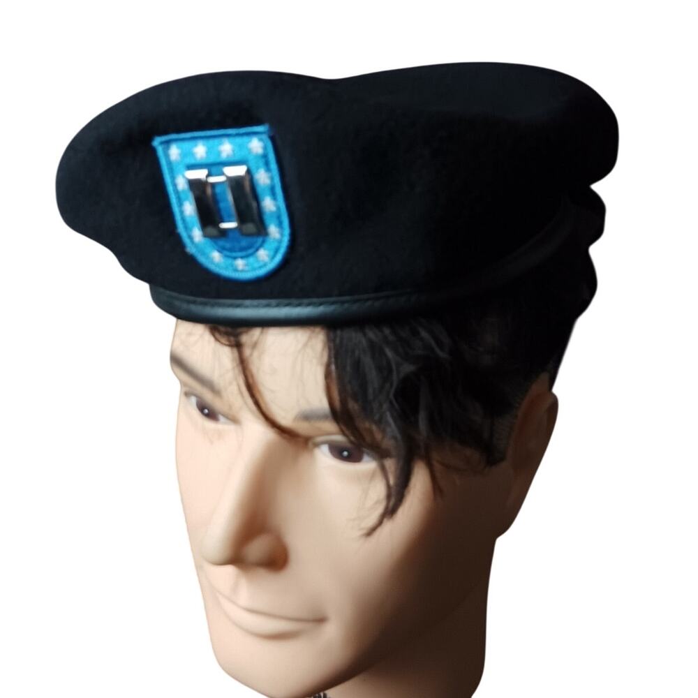 DSCP Garrison Army Wool Beret Vtg Mens Small 6 3/4 Black‎ Captain Bars USA Made